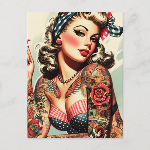 Vintage Tattoo Old School Pin_up Postcard