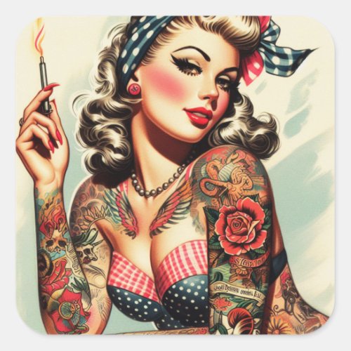 Vintage Tattoo Old School Pin_up Square Sticker