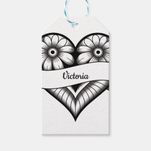 Vintage Tattoo-Style Heart with Custom Name Gift Tags