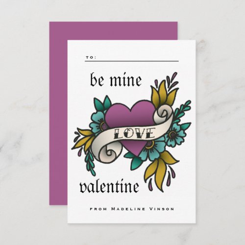 Vintage Tattoo Style Purple Classroom Valentine RSVP Card