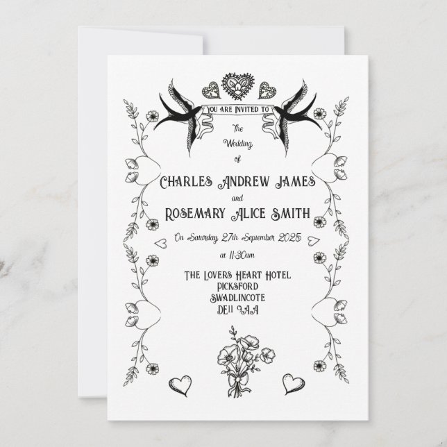 Vintage Tattoo Style Wedding Invitation (Front)