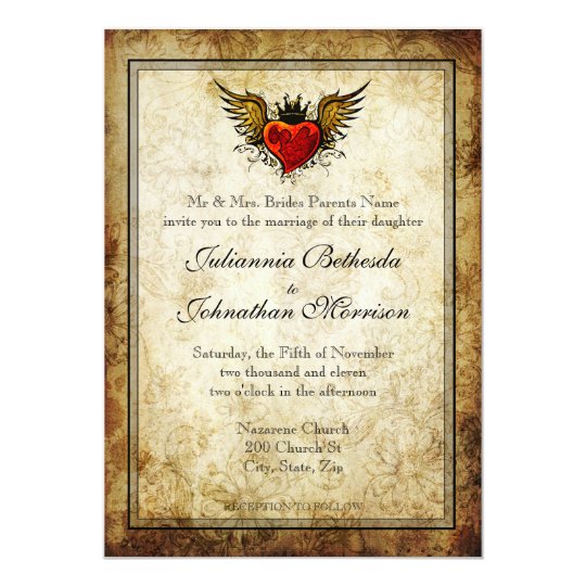 Vintage Tattoo Winged Heart Wedding Invitation