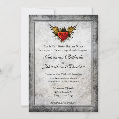 Vintage Tattoo Winged Heart Wedding Invitation