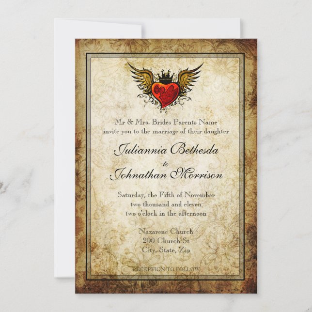 Vintage Tattoo Winged Heart Wedding Invitation (Front)