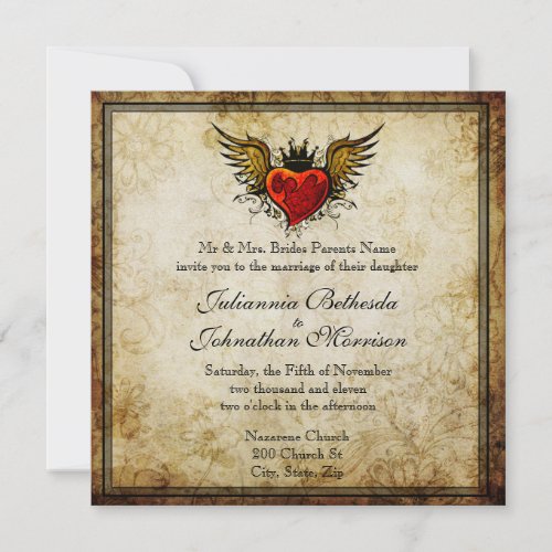 Vintage Tattoo Winged Heart Wedding Invitation