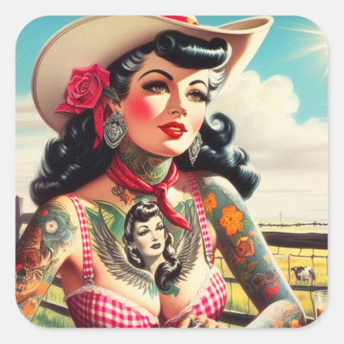 Vintage Tattooed Country Pinup Square Sticker