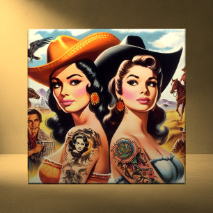 Vintage Tattooed Cowgirls Ceramic Tile