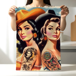 Vintage Tattooed Cowgirls Kitchen Towel