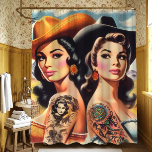 Vintage Tattooed Cowgirls Shower Curtain
