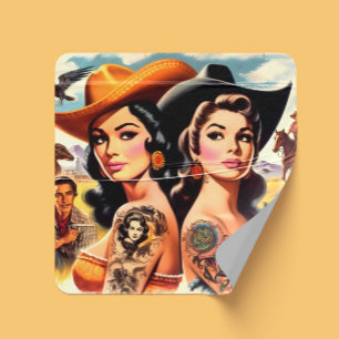 Vintage Tattooed Cowgirls Square Sticker