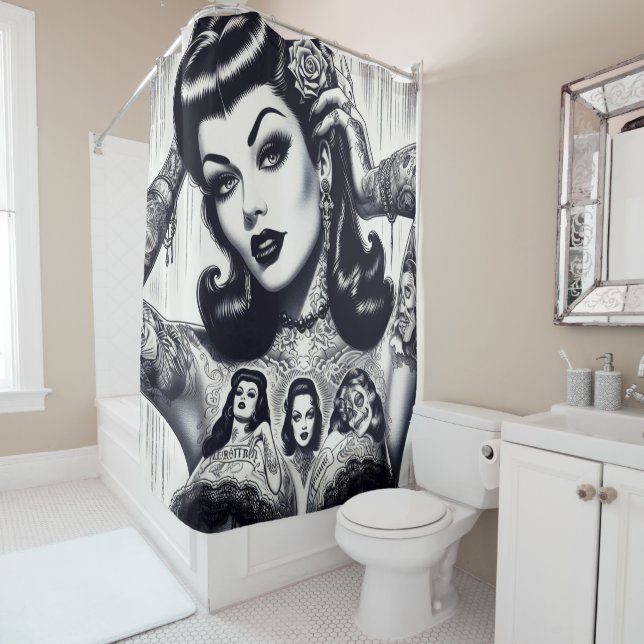 Vintage Tattooed Goth Girl Shower Curtain (In Situ)