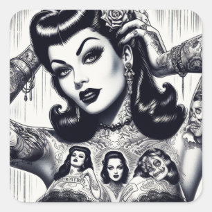 Vintage Tattooed Goth Girl Square Sticker