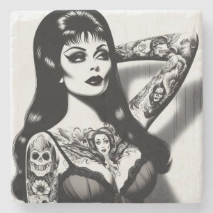 Vintage Tattooed Goth Girl Stone Coaster