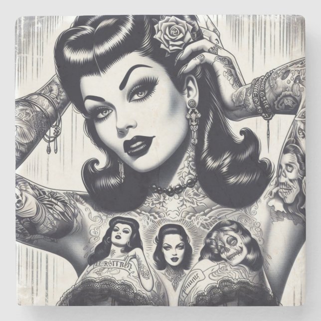Vintage Tattooed Goth Girl Stone Coaster (Front)