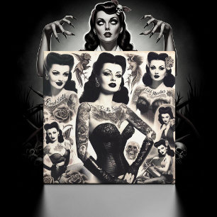 Vintage Tattooed Goth Woman Collage Ceramic Tile