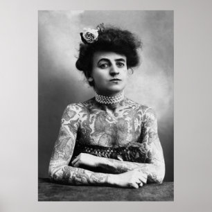 Vintage Tattooed Lady B&W photo Poster
