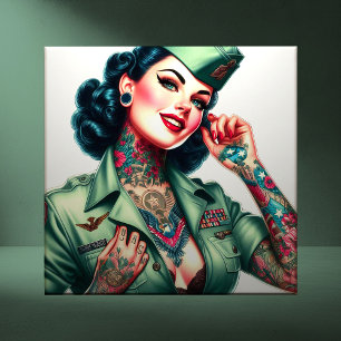 Vintage Tattooed Military Woman Ceramic Tile