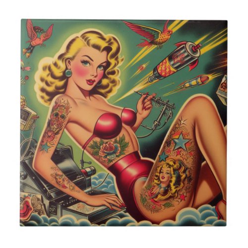 Vintage Tattooed Pin Up Ceramic Tile