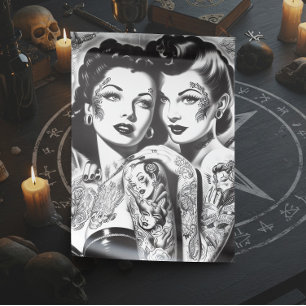 Vintage Tattooed Pin-ups Holiday Postcard