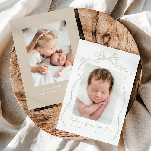 Vintage Taupe Bow 2 Photo Birth Announcement