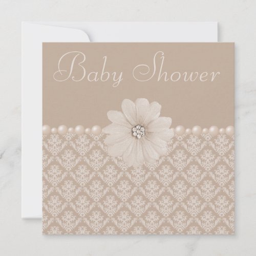 Vintage Taupe Damask Flowers  Pearls Baby Shower Invitation
