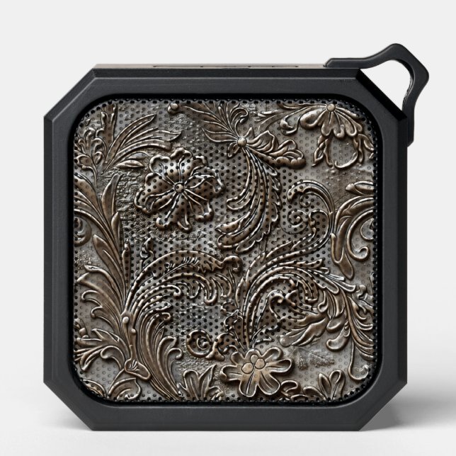 Vintage taupe tooled leather bluetooth speaker (Front)