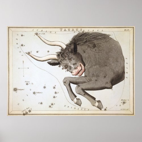 Vintage Taurus Constellation Map 1825 Poster