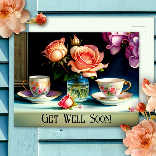 Vintage Tea and Roses Get Well Soon Postcard