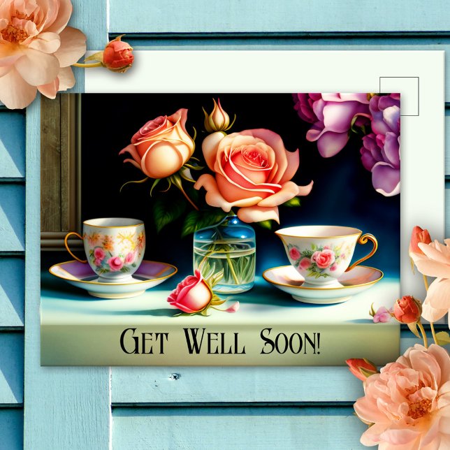 Vintage Tea and Roses Get Well Soon Postcard (Creator Uploaded)