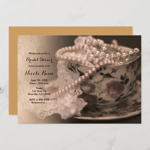 Vintage Tea Cup  Pearls Bridal Shower Invitation