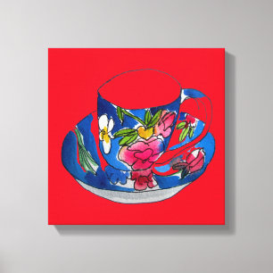 Vintage tea cup watercolour whimsical art canvas print