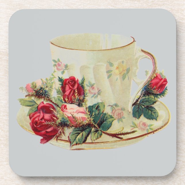Vintage Tea Cup With Roses Beverage Coaster (Front)
