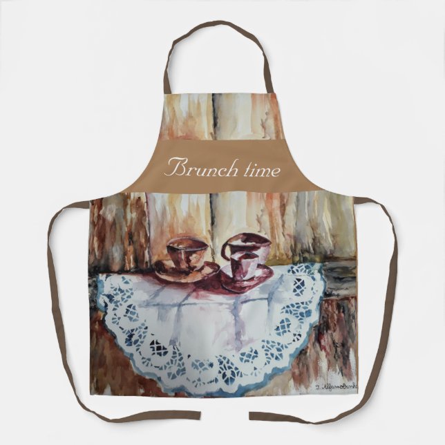 Vintage tea cups on white lace linen  apron (Front)