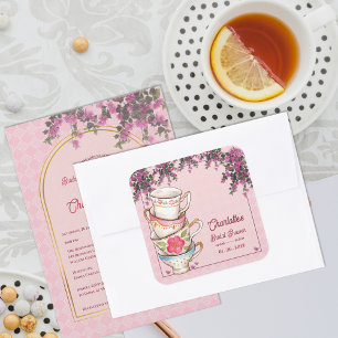 Vintage Tea Cups Stacked Floral Pink Bridal Shower Square Sticker