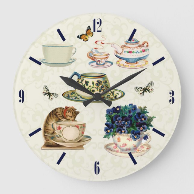 Vintage Tea cups & tea pot Butterflies Wall Clock (Front)