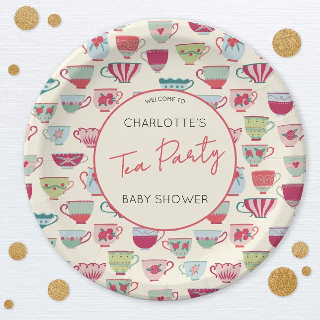 Vintage Tea Party Baby Shower Teacup Paper Plates (Modern vintage teacup personalized baby shower tea party paper plates)