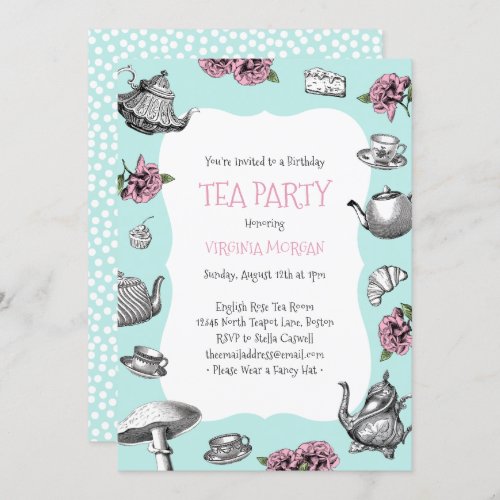 Vintage Tea Party Birthday Aqua Invitation