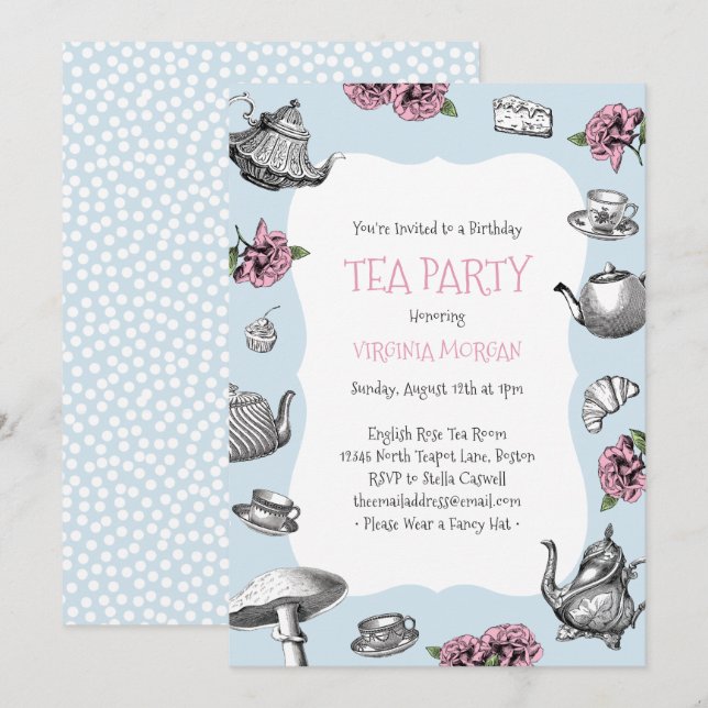 Vintage Tea Party Birthday Baby Blue Invitation (Front/Back)
