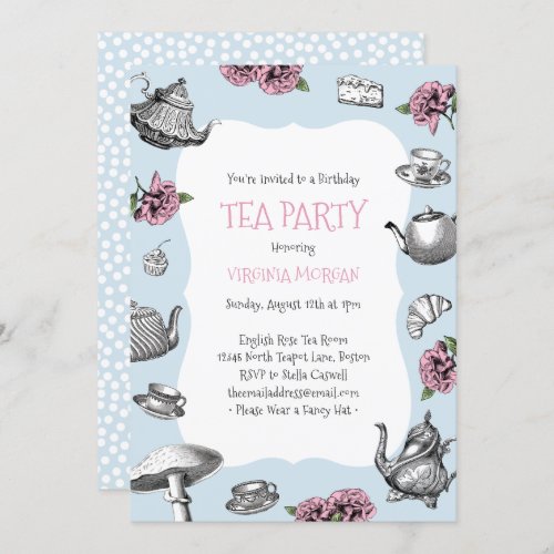 Vintage Tea Party Birthday Baby Blue Invitation