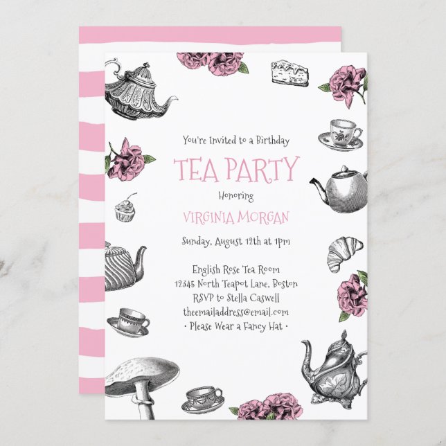 Vintage Tea Party Birthday Pink Invitation (Front/Back)