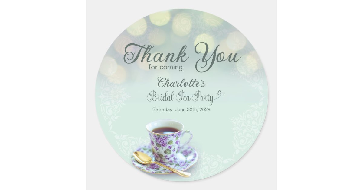 Vintage Tea Party Bridal Shower Green Thank You Classic Round Sticker ...