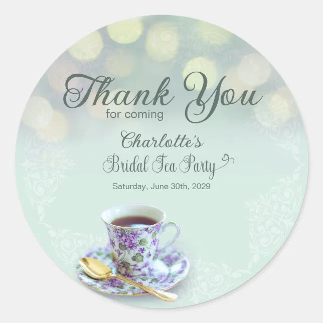 Vintage Tea Party Bridal Shower Green Thank You Classic Round Sticker ...