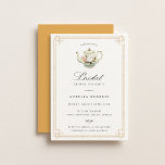 Vintage Tea Party Bridal Shower Invitation<br><div class="desc">Elegant vintage inspired,  bridal shower tea party invitation. Features,  delicate art deco border and floral adorned teapot. Elegant typography design style template with coordinating solid rustic yellow color backing.</div>