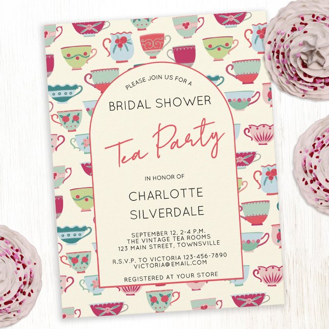 Vintage Tea Party Bridal Shower Invitation Postcard (Modern vintage tea cups pattern bridal shower tea party invitation postcard)