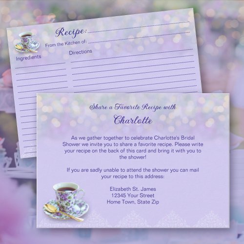 Vintage Tea Party Bridal Shower Lavender Recipe Enclosure Card