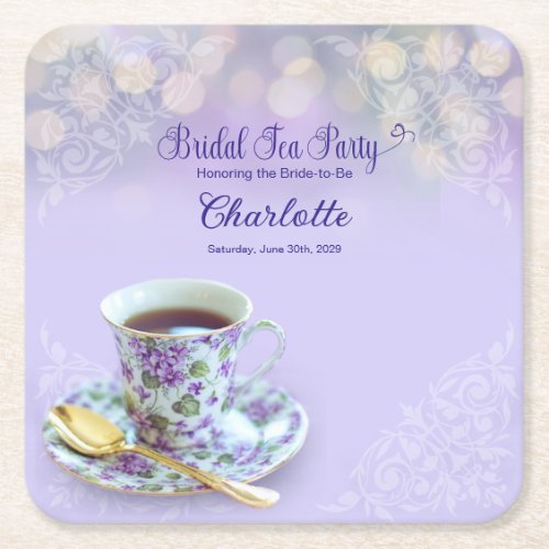 Vintage Tea Party Bridal Shower Lavender Square Paper Coaster