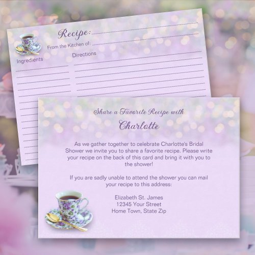 Vintage Tea Party Bridal Shower Lilac Recipe Enclosure Card