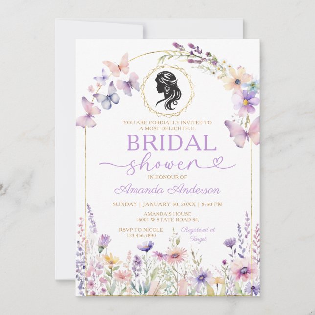 Vintage Tea Party Bridal Shower Purple Wildflowers Invitation (Front)