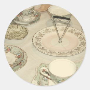 Vintage tea party, china tea set shabby chic classic round sticker