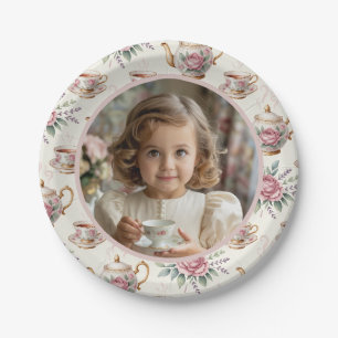 Vintage Tea Party Girl Birthday Photo Paper Plates